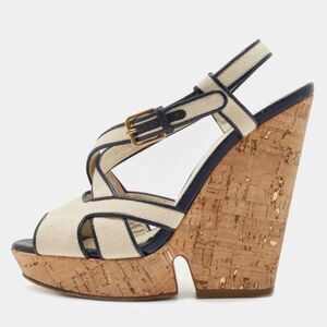 Yves Saint Laurent White/Navy Blue Canvas Deauville Cork Wedge Sandals Size 39